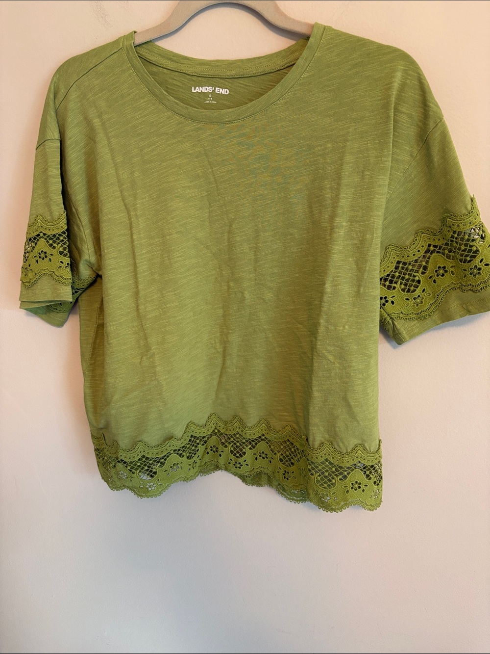 Lands' End Olive Green Short Sleeve Tee with Lace Trim